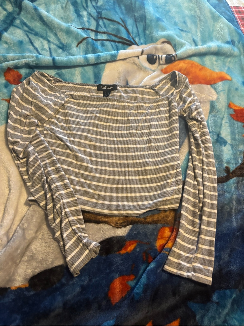 refuge Gray and White Striped Long Sleeve Boatneck Top